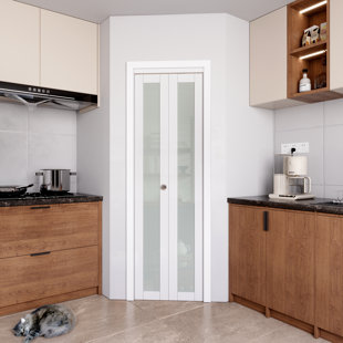 HOZONE 1-Lite Glass Door Solid Manufactured Wood Bi-Fold Door with Installation Hardware Kit(closet,pantry)