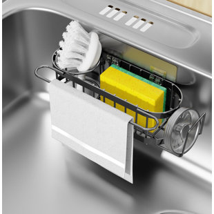 HANDMADE CABINETS, LLC Kitchen Sink Caddy Sponge Holder In The Sink, Stainless Steel Kitchen Sink Organizer, Brush Holder, Black