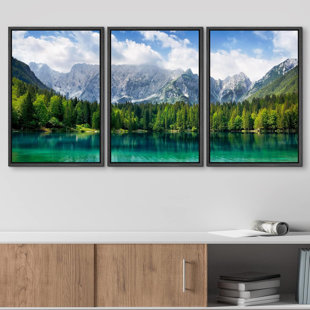IDEA4WALL Nature Landscape " Emerald Lake Besides The Forest And Mountains Under The Cloudy Sky " 3 - Pieces