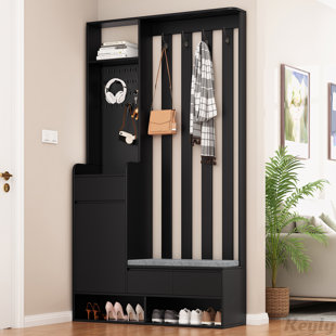 REPRISE DESIGNS Hall Tree Storage with Cushioned Storage Bench and Shoe Cabinet
