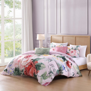 Bebejan Cool Pink Roses 200 Thread Count 100% Cotton Sateen 5-Piece Reversible Comforter Set