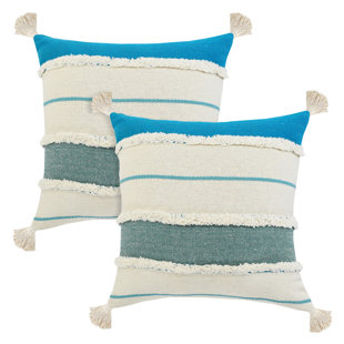RAJANI HOME Coastal Blue Striped Tasseled Cotton Throw Pillow Set