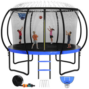 LIZEVINC 14 FT Trampoline With Sprinkler, Basketball Hoop, And Ground Stakes – Safe Outdoor Fun For Kids And Adults