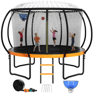 LIZEVINC 12 FT Trampoline With Sprinkler, Basketball Hoop, And Ground Stakes – Safe Outdoor Fun For Kids And Adults