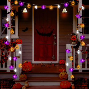 THE HOLIDAY AISLE® Halloween String Lights Decorations, 20FT 30LED Battery Operated 3D Pumpkin Bat Ghost Halloween Lights With Timer 8 Modes Halloween Decorations Indoor Outdoor Home Halloween Party Decor(Orange Purple)