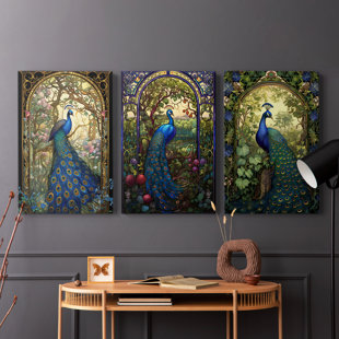 WEXFORD HOME Peacock Series L -Premium Gallery Wrapped Canvas Set -Ready to Hang (Set of 3)