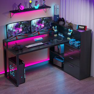 WROUGHT STUDIO™ L Shaped Desk With Bookshelf and Drawer, Corner Desk with LED Lights