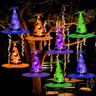 ALCOTT HILL® Halloween Decorations Outdoor 8 Pcs 8 Lighting Modes LED Lights Witch Hat Lights Halloween Decor Hocus Pocus Decor For Garden Yard Indoor Outside Party, 19.6Ft, 4 Colors