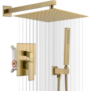 NABIYY Brushed Gold 12 in High Pressure Square Wall Mount Rainfall Shower Head Combo Set with Hand Shower