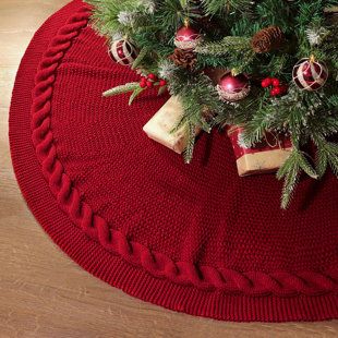 ZAALBA Knitted Christmas Tree Skirt: 48-inch wine red skirt.