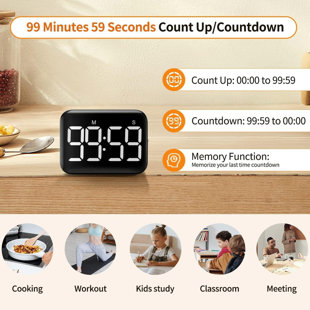INVENITIAH VOCOO Magnetic Kitchen Timer For Cooking With Count Up Countdown, Digital Timer Battery Powered With Large Display, 2 Brightness And Volume Levels For Classroom, Teacher, Kids