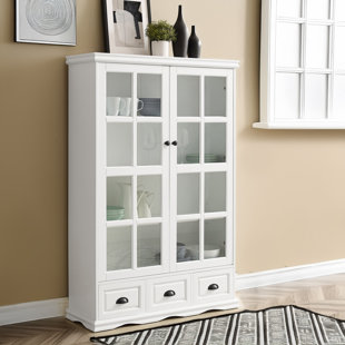 NTYUNRR Storage Cabinet with Tempered Glass Doors Curio Cabinet with Adjustable Shelf Display Cabinet with Triple Drawers