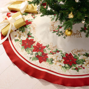 ZAALBA Home Fashions Red & White Poinsettias Round Tree Skirt