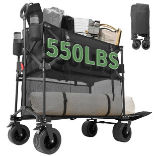 JTANGL Collapsible Double Decker Wagon, 54In Extended Utility Folding Wagon Cart With Tailgate, 550LBS Large Capacity Heavy Duty Foldable Wagon
