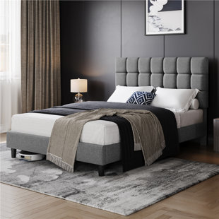 YAHEETECH Size Modern Upholstered Bed Frame with Square Tufted Headboard