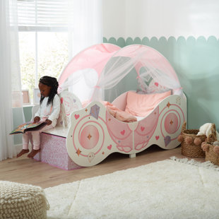 Disney Princess Carriage Toddler Bed with Canopy - Kids Bed with Fabric Storage Boxes - Sturdy Engineered Wood Construction, Guarded Sides, Wooden Slats, Fits 140cm x 70cm Mattress (Mattress not included