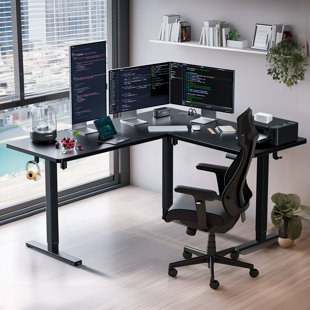 INBOX ZERO Kodee 63" L Shaped Height Adjustable Electric Standing Computer Desk with 4-in 1 Electrical Outlet for Home Office