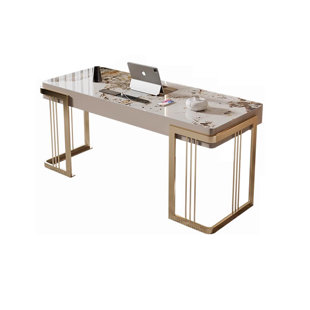 SMI CABINETRY INC 47.24" White+Gold Rectangular Sintered Stone + Stainless Steel desks