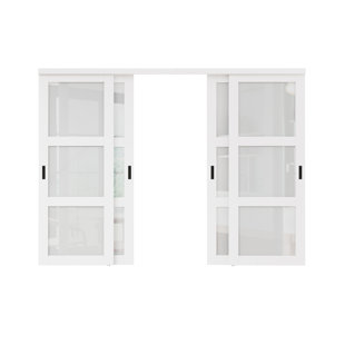 HOME WORTHY 80"H 4-Panels Tempered Glass Closet Sliding Doors With Hardware Kit & Handles(No Assembly Required)