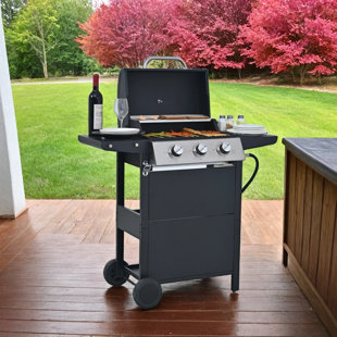 VOLBAL Portable 26,000 BTU Propane Grill, 3 Burners with Wheels, Lid, Shelves & Bottle Opener