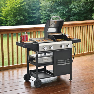 VOLBAL 4 Gas Grill & Griddle Combo with Cover for Outdoor BBQ, Frying, Pizza