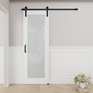 HOME WORTHY Frosted Glass and Manufactured Wood White Sliding Barn Door with Installation Hardware Kit(No Assembly Required)