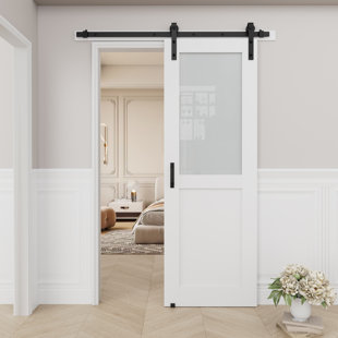 HOME WORTHY Frosted Glass and Manufactured Wood White Sliding Barn Door with Installation Hardware Kit(No Assembly Required)