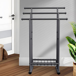 ALLOSWELL 40" Tall Standing Towel Racks, 3 Tier Towel Stand Blanket Rack With 1 Removable Storage Baskets , Indoor Outdoor Freestanding Towel Racks For Bathroom Bedroom Organizer