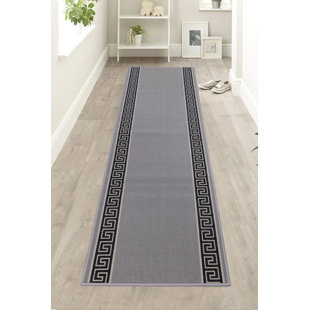 WORLD MENAGERIE Greek Key Border Grey Low Pile Slip Resistant Rugs