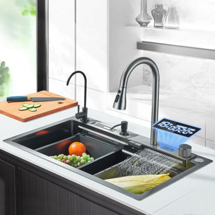 NABIYY Gun Grey Digital Display Stainless Steel Single Bowl Drop In Kitchen Sink