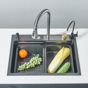 NABIYY Waterfall Kitchen Sinks Combo Stainless Steel Nano Sink Pull-Out Kitchen Faucet