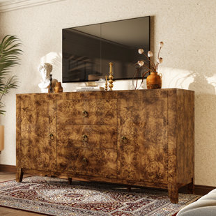 MILLWOOD PINES Dorne High Gloss Burl Buffet Sideboard Cabinet, 60" Large Heavy Wood Sideboard Storage Cabinet With Drawer, Retro Handle, Coffee Wine Bar Buffet Table For Dining Room, Living Room, Bedroom