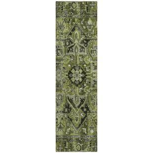 HOMEROOTS 8' Runner Olive Green and Dark Green Oriental Washable Non Skid Indoor Outdoor Runner Rug