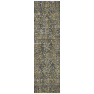 HOMEROOTS 8' Runner Dark Moss Green and Gray Oriental Washable Non Skid Indoor Outdoor Runner Rug