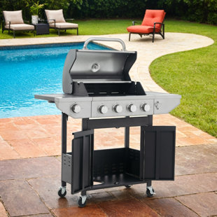 VOLBAL Stainless Steel Propane Barbecue Grill, 4 Burner Gas Grill with Side Burner, 46,500 BTU