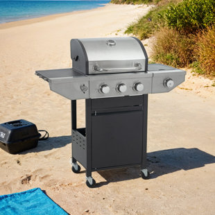 VOLBAL 3-Burner Propane Gas BBQ Grill with Side Burner, Stainless Steel, 37,000 BTU, Black and Silver
