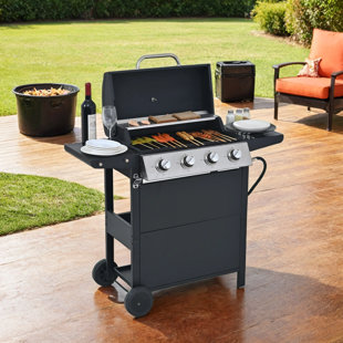 VOLBAL Stainless Steel Propane Gas Grill, 4 Burners, 34,000 BTU BBQ with Shelves, Wheels, Lid & Opener
