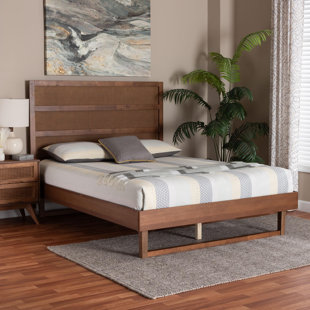 WHOLESALE INTERIORS Baxton Studio Fuller Mid-Century Walnut Brown Finished Wood Queen Size Platform Bed With Woven Rattan