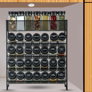 MINT PANTRY® Spice Rack Organizer With 28 Spice Jars, Black Lids,Spice Labels, Chalk Marker And Funnel Set For Cabinet, Countertop, Pantry, Cupboard Or Wall Mount