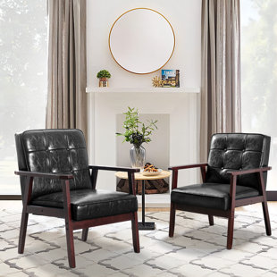 GEORGE OLIVER Judeth 25.2'' Wide Modern Leather Tufted Upholstered Accent Armchair With Solid Wood Frame (Set of 2)