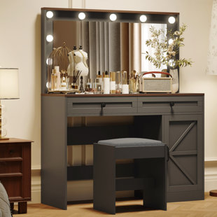 GRACIE OAKS Ayde anity Desk with Drawers & Mirror with Lights, with Drawers & Cabinet 3 Shelves Lots Storage for Stylish Bedroom