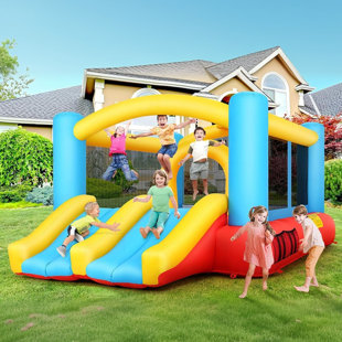 DREAMDWELL HOME 12.3'x8.8' Kids Inflatable Bounce House With Air Blower Indoor/Outdoor Playhouse Kids With 2 Slides, Dry/Wet Use