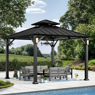 MODERN SHADE OUTDOOR LIVING SPACES Harlem 10 Ft. W x 10 Ft. D Steel Double Tier Hard Top Gazebo with LED Lights per Post