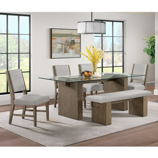 Picket House Furnishings Bassett 6PC Standard Height Dining Set In Oak-Table, Four Chairs & Bench