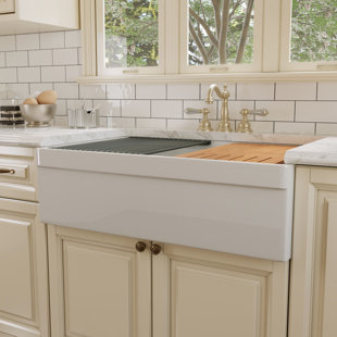 DEERVALLEY 33" L X 20" W White Fireclay Double Bowl Workstation Farmhouse Kitchen Sink with Cutting Board And Dish-Drying Rack