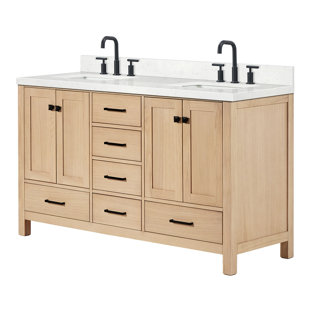 ARIEL BATH Ariel Cambridge 60 Inch Bathroom Vanity With Carrara White Quartz Countertop 1.5 inch Edge In Oak