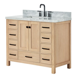 ARIEL BATH Ariel Cambridge 43 Inch Bathroom Vanity With Italian Carrara Marble Countertop 1.5 inch Edge In Oak