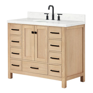 ARIEL BATH Ariel Cambridge 42 Inch Bathroom Vanity With Carrara White Quartz Countertop 1.5 inch Edge In Oak