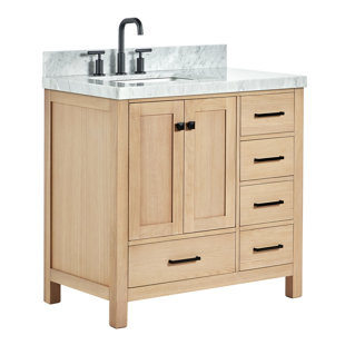 ARIEL BATH Ariel Cambridge 36 Inch Bathroom Vanity With Italian Carrara Marble Countertop 2 inch Edge In Oak