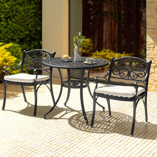 NUU GARDEN Outdoor Cast Aluminum Bistro Set Of 3 With Umbrella Hole And Cushions